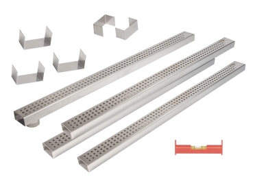 4er Rinnenset V2A superflach mit 1 Rinne mit Stutzen, 3 Rinnen geschlossen, 2 Endstücke, 3 Verbinder, 1 Dichtmittel, 1 Schnurwasserwaage